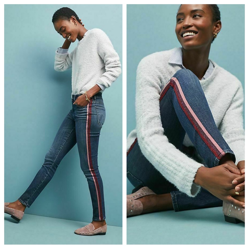 Mother 💙 High Waisted Looker Skinny Jean Here Kitty Kitty Glitter Racer Size 27